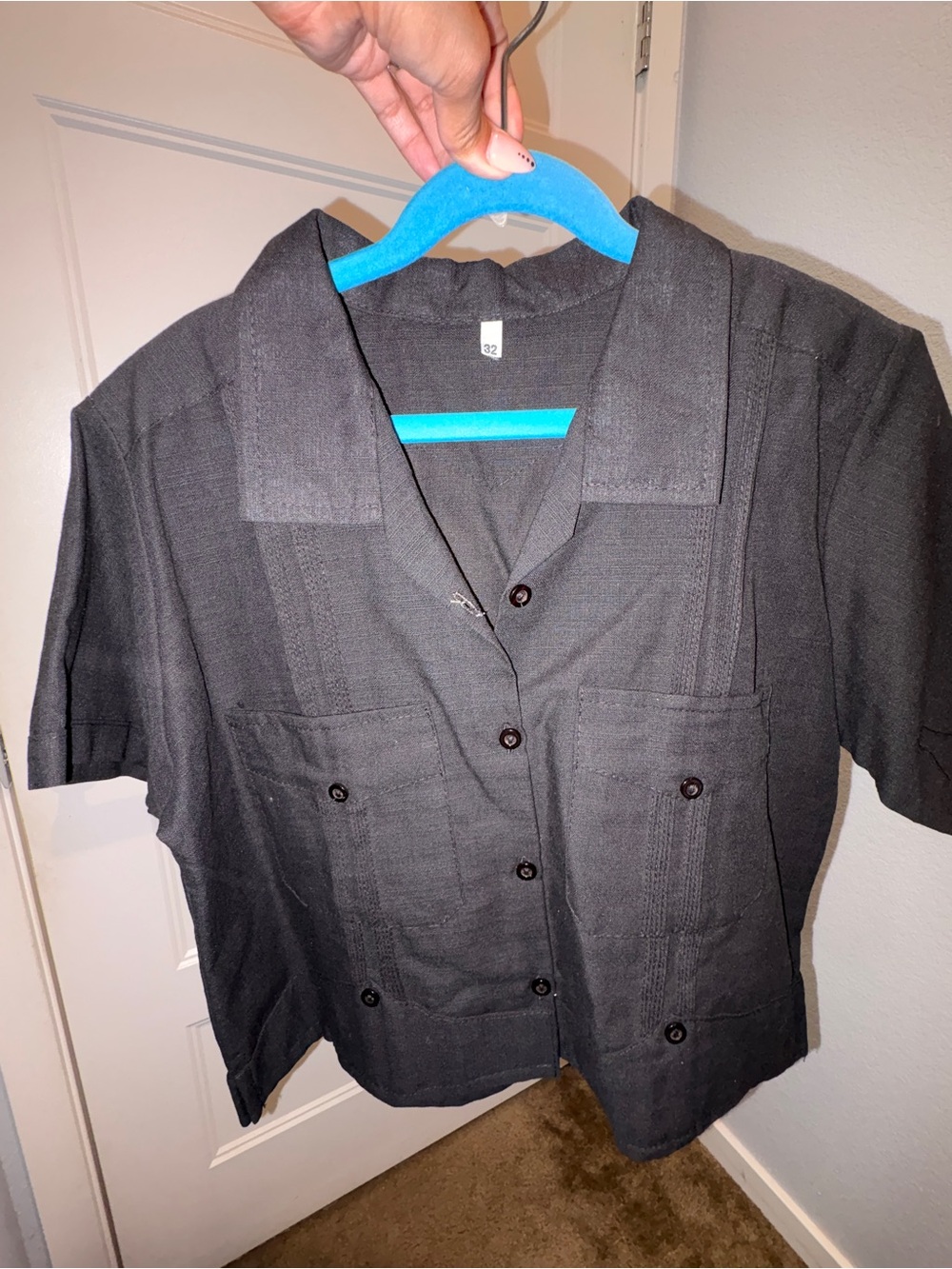 Black Short-Sleeve Guayabera Cropped